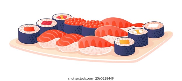  of Japanese Asian food on plate. Isolated hand drawn vector concept Japanese cafe, bar, restaurant. Rolls with salmon, tuna, avocado, rice, cream cheese, sushi with slice salmon and shrimp.