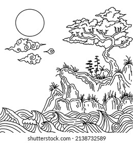 Japanese, Asian Line Art Landscape Vector Design