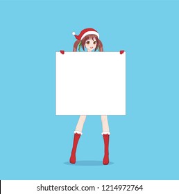 Japanese Asian woman holding white big sign board. Isolated portrait. Cartoon anime manga schoolgirl character. White paper mockup