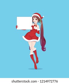 Japanese Asian woman holding white big sign board. Isolated portrait. Cartoon anime manga schoolgirl character. White paper mockup