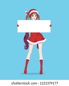 Japanese Asian woman holding white big sign board. Isolated portrait. Cartoon anime manga schoolgirl character. White paper mockup