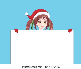 Japanese Asian woman holding white big sign board. Isolated portrait. Cartoon anime manga schoolgirl character. White paper mockup