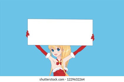 Japanese Asian woman holding white big sign board. Isolated portrait. Cartoon anime manga schoolgirl character. White paper mockup