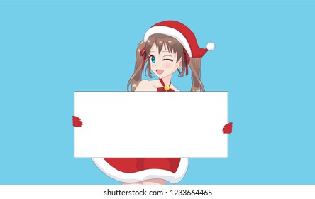 Japanese Asian woman holding white big sign board. Isolated portrait. Cartoon anime manga schoolgirl character. White paper mockup