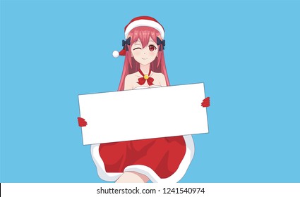 Japanese Asian woman holding white big sign board. Isolated portrait. Cartoon anime manga schoolgirl character. White paper mockup