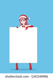 Japanese Asian woman holding white big sign board. Isolated portrait. Cartoon anime manga schoolgirl character. White paper mockup