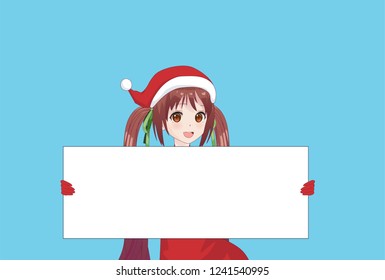 Japanese Asian woman holding white big sign board. Isolated portrait. Cartoon anime manga schoolgirl character. White paper mockup