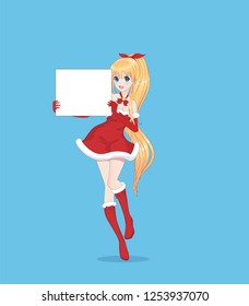 Japanese Asian woman holding white big sign board. Isolated portrait. Cartoon anime manga schoolgirl character. White paper mockup