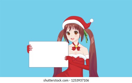 Japanese Asian woman holding white big sign board. Isolated portrait. Cartoon anime manga schoolgirl character. White paper mockup