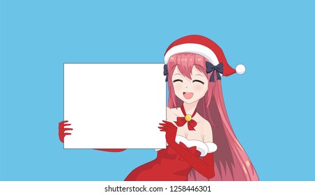 Japanese Asian woman holding white big sign board. Isolated portrait. Cartoon anime manga schoolgirl character. White paper mockup