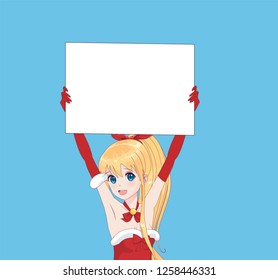 Japanese Asian woman holding white big sign board. Isolated portrait. Cartoon anime manga schoolgirl character. White paper mockup
