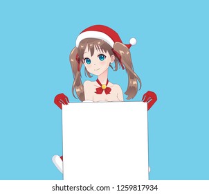 Japanese Asian woman holding white big sign board. Isolated portrait. Cartoon anime manga schoolgirl character. White paper mockup