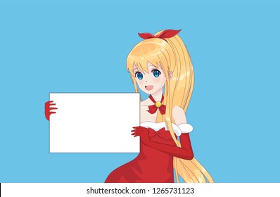 Japanese Asian woman holding white big sign board. Isolated portrait. Cartoon anime manga schoolgirl character. White paper mockup