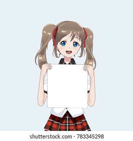 Japanese Asian woman holding white big sign board. Isolated portrait. Cartoon anime manga schoolgirl character. White paper mockup