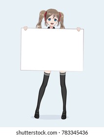 Japanese Asian woman holding white big sign board. Isolated full-length portrait. Cartoon anime manga schoolgirl character. White paper mockup