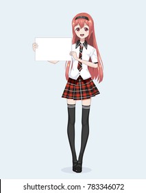 Japanese Asian woman holding white big sign board. Isolated full-length portrait. Cartoon anime manga schoolgirl character. White paper mockup