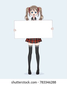 Japanese Asian woman holding white big sign board. Isolated full-length portrait. Cartoon anime manga schoolgirl character. White paper mockup