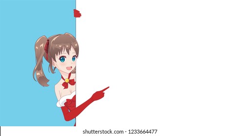 Japanese Asian woman looks out from behind the poster and smiling. Isolated portrait. Cartoon anime manga schoolgirl character. White paper mockup