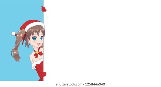 Japanese Asian woman looks out from behind the poster and smiling. Isolated portrait. Cartoon anime manga schoolgirl character. White paper mockup