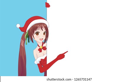 Japanese Asian woman looks out from behind the poster and smiling. Isolated portrait. Cartoon anime manga schoolgirl character. White paper mockup