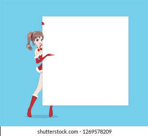 Japanese Asian woman looks out from behind the poster and smiling. Isolated portrait. Cartoon anime manga schoolgirl character. White paper mockup