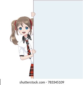 Japanese Asian woman looks out from behind the poster and smiling. Isolated portrait. Cartoon anime manga schoolgirl character. White paper mockup