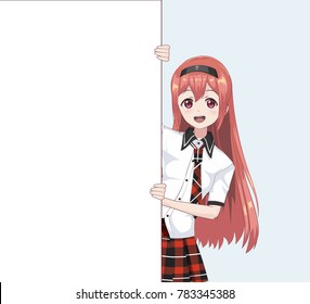 Japanese Asian woman looks out from behind the poster and smiling. Isolated portrait. Cartoon anime manga schoolgirl character. White paper mockup