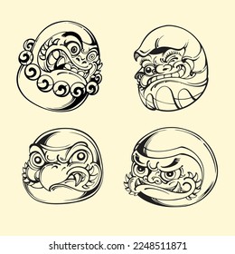 Japanese asset cute Daruma mask outline Vector art