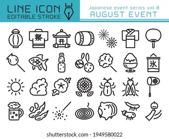 Japanese august event vector icon set.  Editable line stroke.  Summer festival.