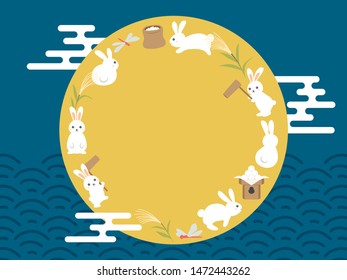 Japanese autumn festival to enjoy the moon on the night of August 15th, on the Chinese calendar. vector frame illustration.