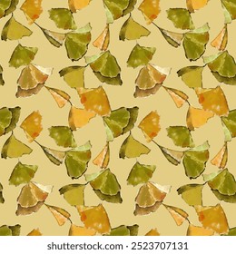 Japanese Autumn Seamless Pattern with Ginkgo leaves. Watercolor gentle background. Could be used For Wallpapers, Print, gift wrap and scrapbooking.