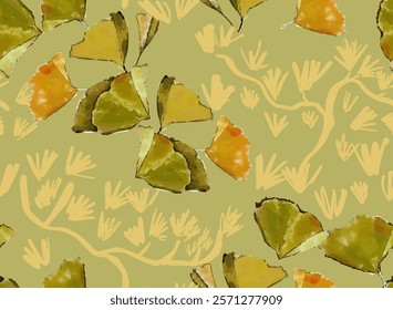 Japanese Autumn Seamless Pattern with Ginkgo leaves. Watercolor gentle background. Could be used For Wallpapers, Print, gift wrap and scrapbooking.