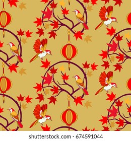 Japanese autumn seamless pattern with lantern, maple leaf and birds.