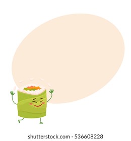 Japanese avocado roll character juggling with rice, cartoon vector illustration on background with place for text. Cute and funny smiling avocado roll filled with fish, caviar and vegetables