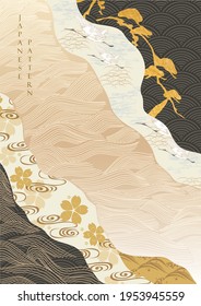 Japanese background with abstract art banner vector. Asian traditional decoration with gold texture and crane birds  illustration in vintage style.