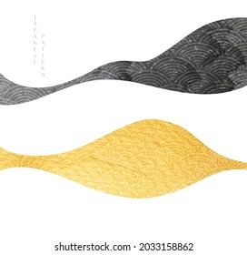 Japanese background with abstract art wave decoration vector. geometric pattern with gold texture banner design in vintage style.