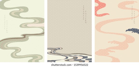 Japanese background with abstract arts vector. Geometric pattern in Asian style. Oriental template with wavy elements. Sea surface wallpaper. Zen poster design.