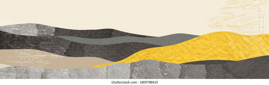 Japanese background with art landscape vector. Abstract template with gold texture. Mountain design in oriental style. 