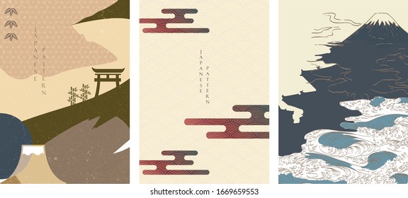 Japanese background with Asian icons and pattern vector. Hand drawn wave and Fuji mountain elements in vintage style.