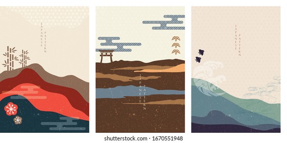 Japanese background with Asian icons vector. Wave, bamboo, birds and cherry blossom flower elements in vintage style. Landscape and mountain wallpaper.