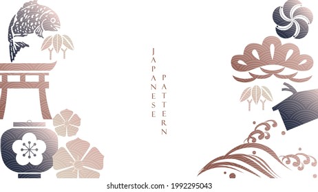 Japanese background with Asian traditional banner design vector. Wave, bonsai tree, gate, flower and bamboo icon.