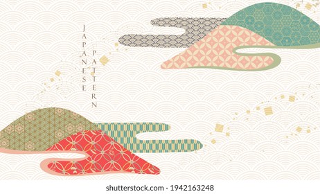 Japanese background with Asian traditional decoration pattern vector. Oriental banner design with abstract art elements in vintage style. Mountain landscape template.