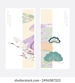 Japanese background with Asian traditional hand drawn wave and bonsai tree element vector. Natural template design and Geometric pattern in vintage style.