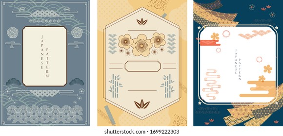 Japanese background with Asian traditional icon vector. Cherry blossom flower, wave pattern, bamboo and ribbon elements