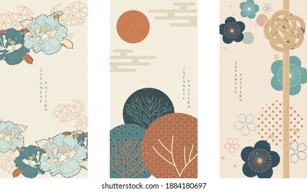 Japanese background with Asian traditional icon vector. Cherry blossom and peony flower, wave pattern, bamboo and ribbon elements. Geometric pattern in vintage style.