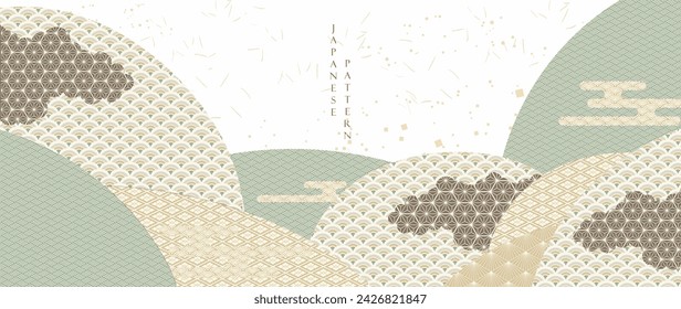 Japanese background with Asian traditional icon vector. mountain forest and cloud, wave pattern elements. Geometric pattern in vintage style. Green banner design 