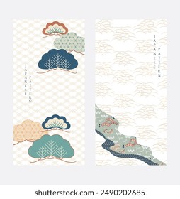  Japanese background with Asian traditional icon vector. Bonsai tree, wave pattern, bamboo and ribbon elements. Geometric pattern in vintage style.