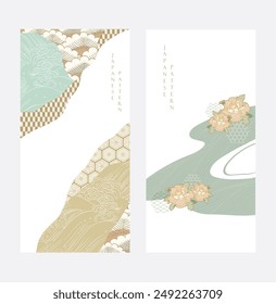 Japanese background with Asian traditional icon vector. Bonsai tree, wave pattern, bamboo and ribbon elements. Geometric pattern template in vintage style.