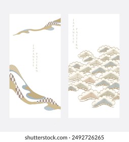 Japanese background with Asian traditional icon vector. Bonsai tree, wave pattern, bamboo and ribbon elements. Geometric pattern in vintage style