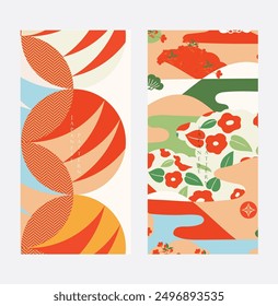 Japanese background with Asian traditional icon and element vector. Natural template design and Geometric pattern in vintage style.